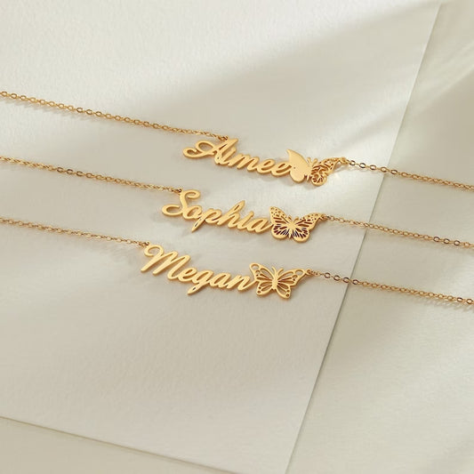Personalized Name Butterfly Letter Necklace Old English Necklace Name