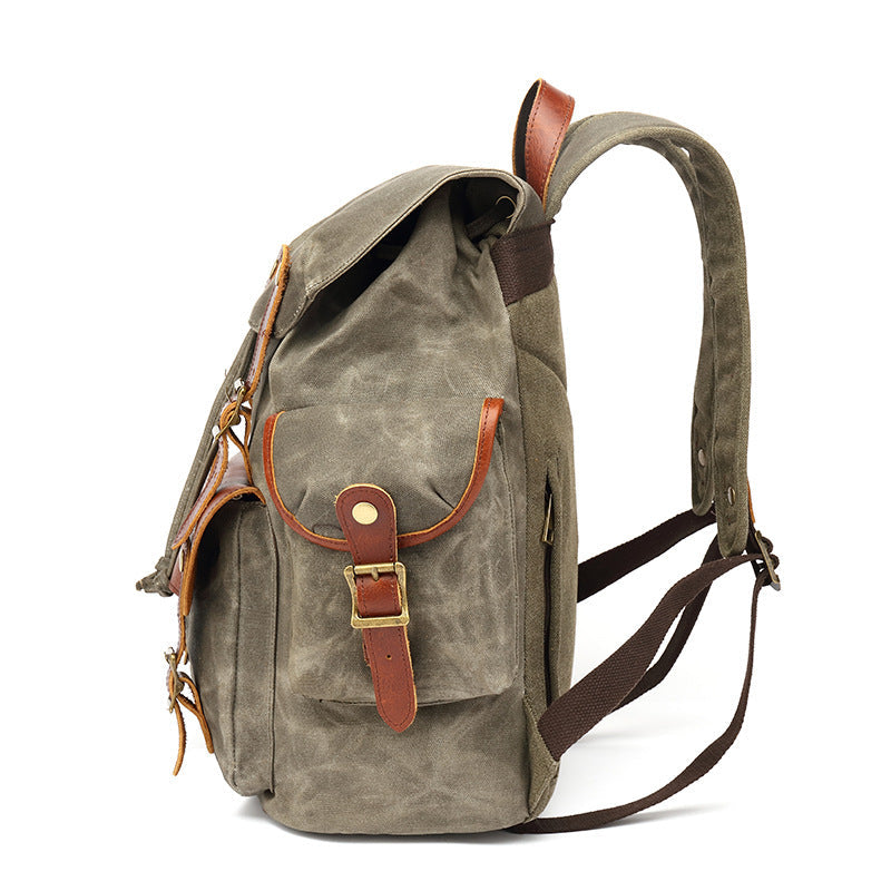 Backpack Men's Outdoor Backpack Sports Travel Bag Mountaineering Computer Student Schoolbag Waxed With Red And Brown Top Leather