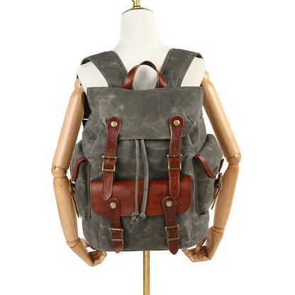 Backpack Men's Outdoor Backpack Sports Travel Bag Mountaineering Computer Student Schoolbag Waxed With Red And Brown Top Leather