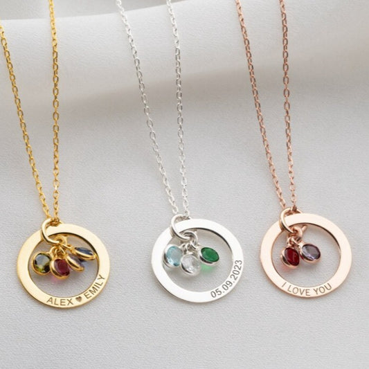 Personalized Gold Birthstone Necklace Women&#039;s Name Necklace With Birthstone Round Necklace Engraved Message