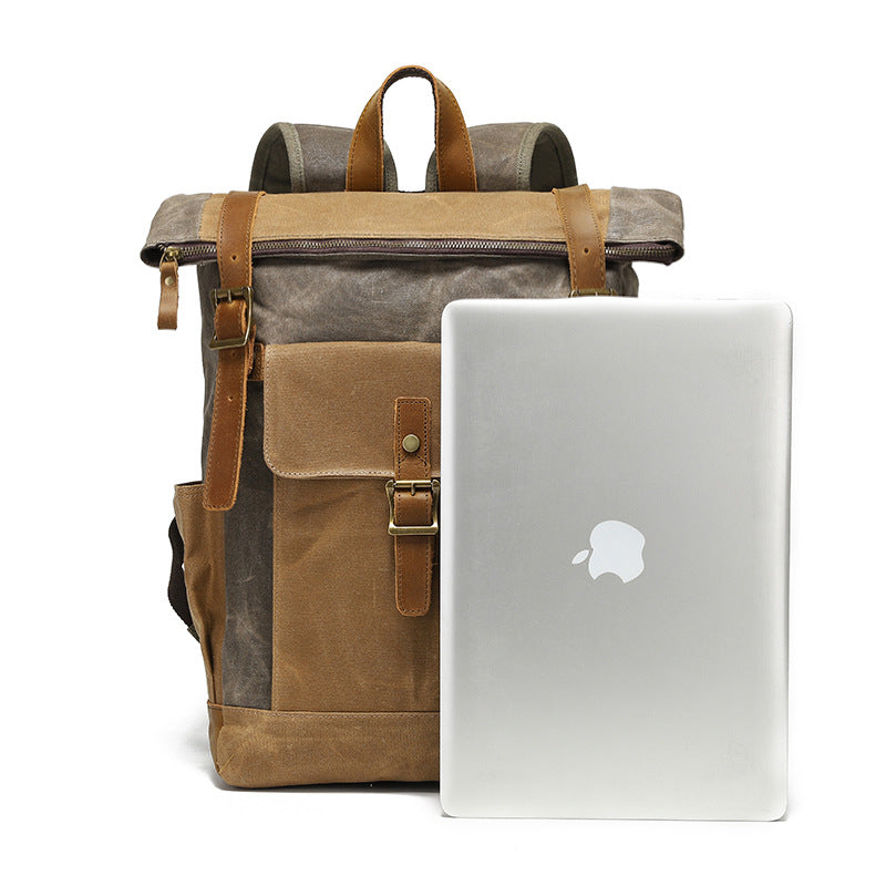 Men's And Women's Backpack Retro Backpack Travel Bag Computer Travel Bag Waxed Canvas With Crazy Horse Leather Schoolbag
