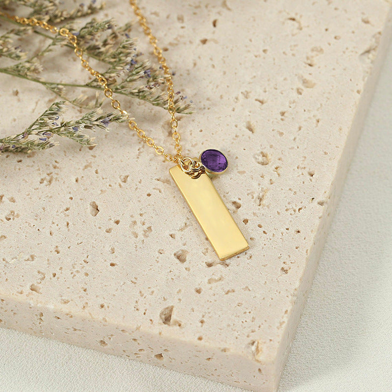Personalized Name Birthstone Long Strip Lettering Necklace Temperament Simple DIY Stainless Steel Clavicle Chain