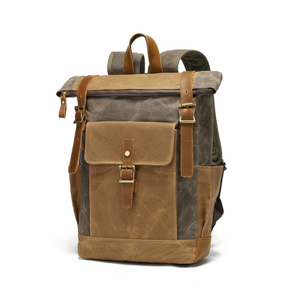 Men's And Women's Backpack Retro Backpack Travel Bag Computer Travel Bag Waxed Canvas With Crazy Horse Leather Schoolbag
