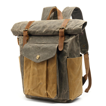 Backpack Retro Men's Travel Backpack Travel Student Bag Outdoor Oil Wax Water-repellent Canvas With Crazy Horse Leather