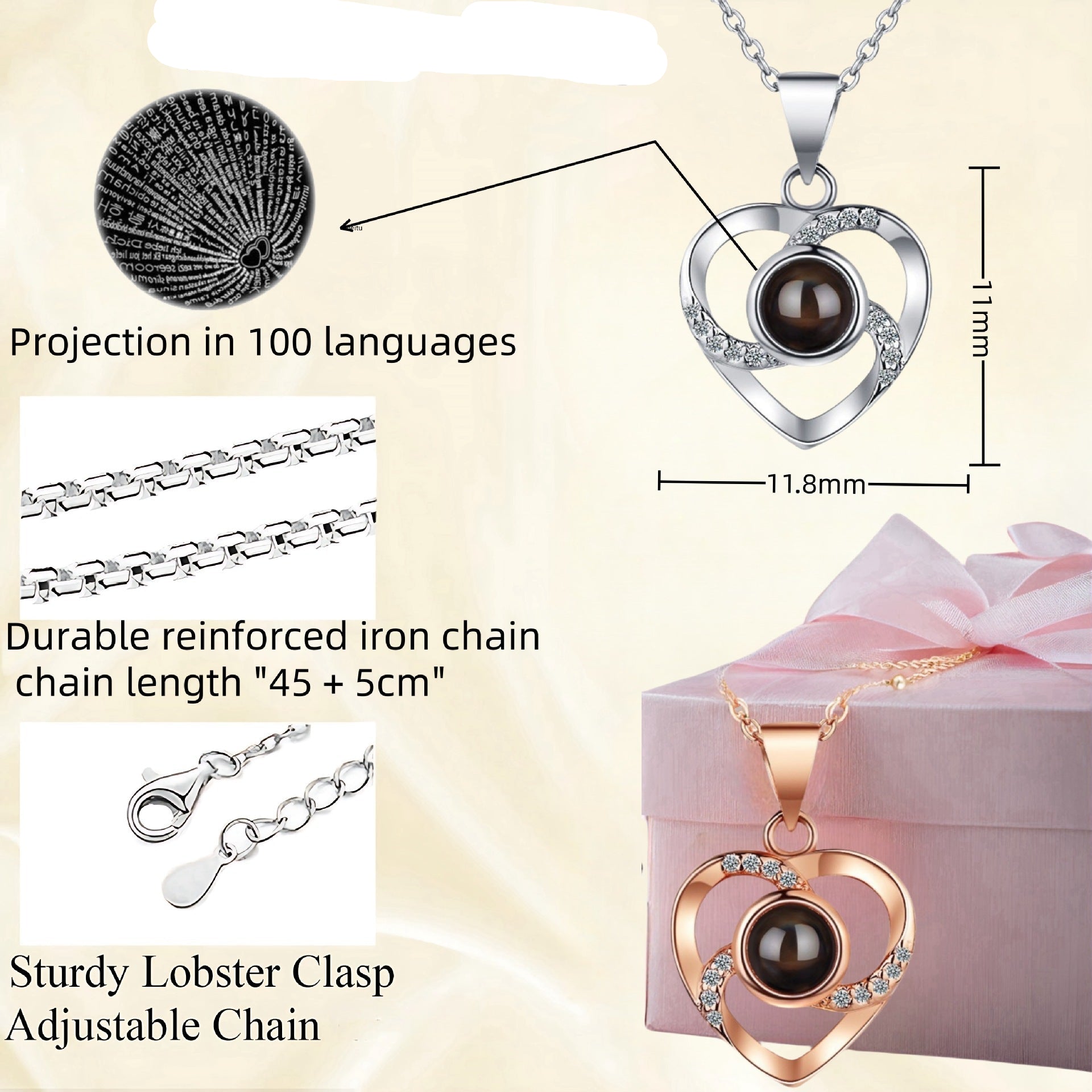 Cross-border Explosions 100 Languages Heart-shaped Pendant Clavicle Chain Fashion High-end Jewelry Love Projection Necklace Women
