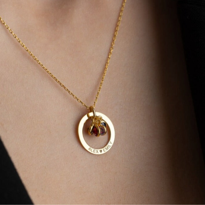Personalized Gold Birthstone Necklace Women&#039;s Name Necklace With Birthstone Round Necklace Engraved Message