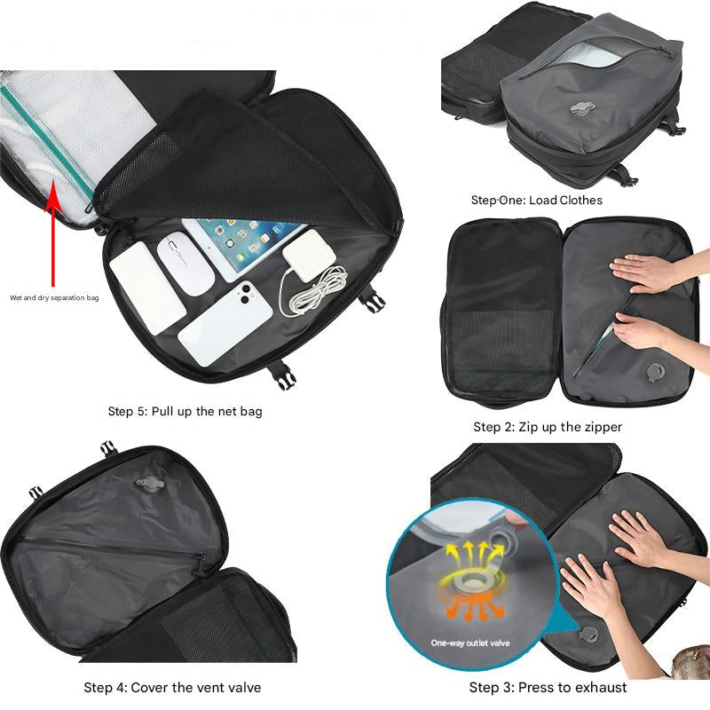Black Tech Travel Backpack — Vacuum Compression Mood Royal