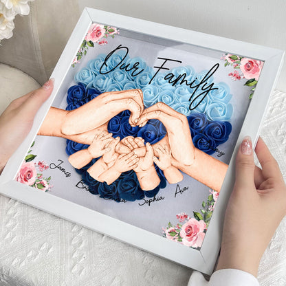 Personalized Flower Shadow Box with "Our Family" Floral Arrangement, custom family keepsake, MDF frame.