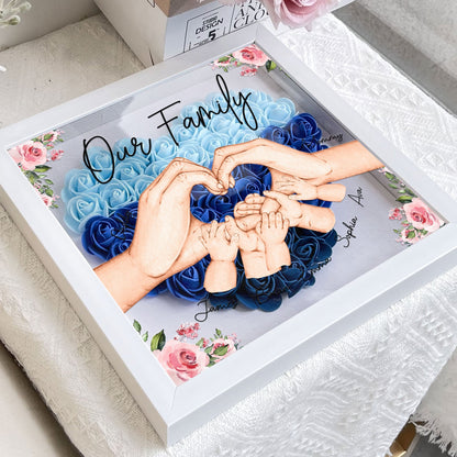 Our Family Personalized Flower Shadow Box with Heart-Shaped Floral Arrangement and Family Name, MDF frame.