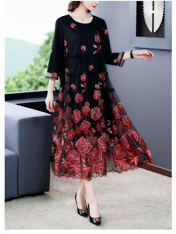 Chic Mesh Embroidered Dress 2024 Spring Autumn New Women's High-End A-Line Dress Flower Party Femme Vestidos y1421 Mood Royal