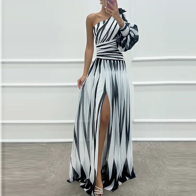 Sexy Elegant Diagonal Collar Off Shoulder Split-Side Party Evening Dress Spring Printed Striped Bohemian Long Dress Off Women's Mood Royal