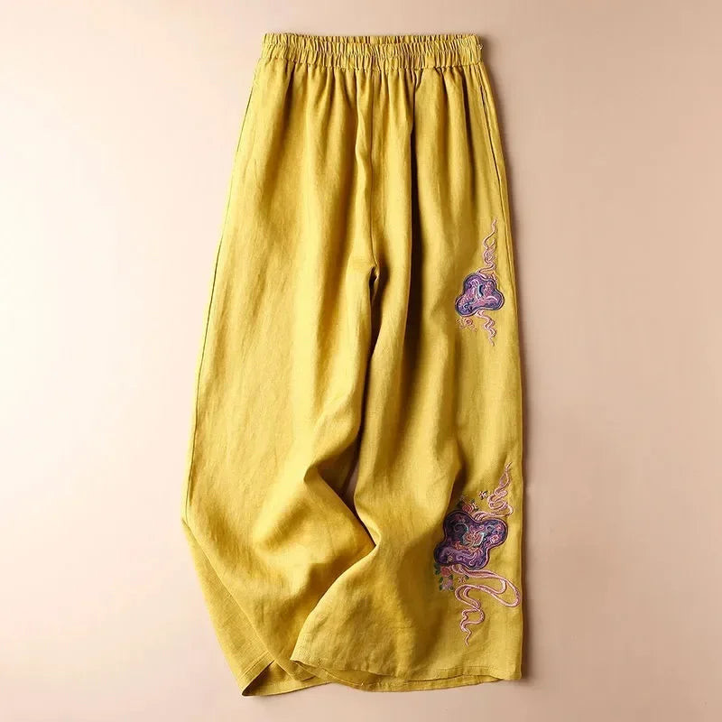 Cotton Linen Embroidered Wide Leg Pants My Store