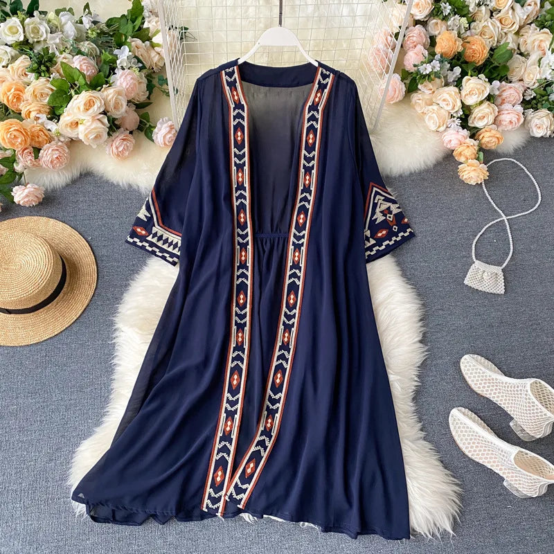 TEELYNN Boho Floral Embroidery Loose Cover-Ups for Women Casual Deep V Long Sleeve Kimono Dress Summer 2022 Beach Wear Robe Mood Royal