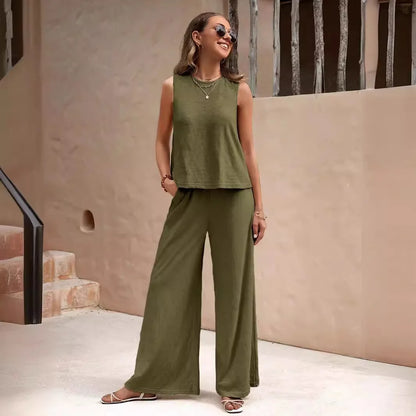 Cotton And Linen Sleeveless Suit For Women Summer O-neck Tank Top & Wide-leg Pants Two Piece Set New Solid Casual Loose Sets Mood Royal