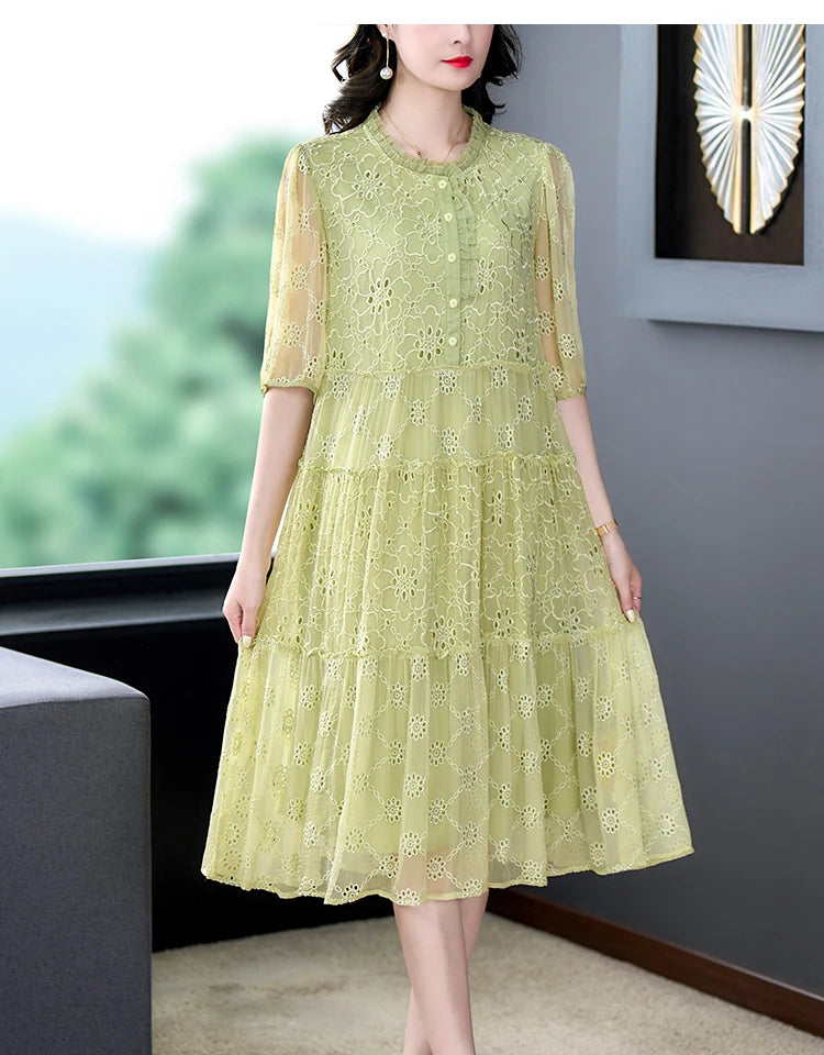 Green Silk Embroidery Luxury Long Dress Summer Elegant Chic Ruffled Collar Dress Women Kroean Fashion Loose Party Vestidos Mood Royal