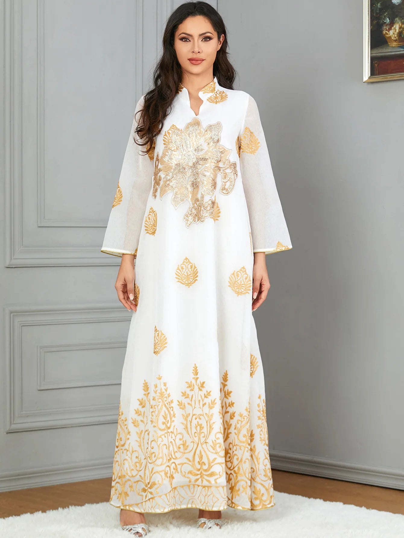 Gold Embroidery White V Neck Kaftan My Store