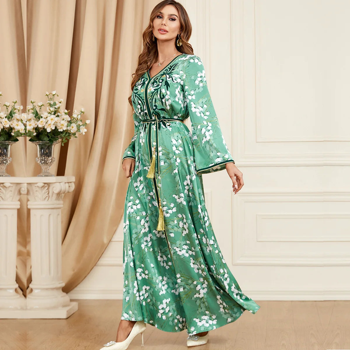 Green Embroidered Belted Kaftan My Store