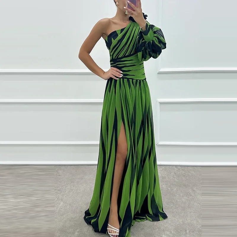 Sexy Elegant Diagonal Collar Off Shoulder Split-Side Party Evening Dress Spring Printed Striped Bohemian Long Dress Off Women's Mood Royal