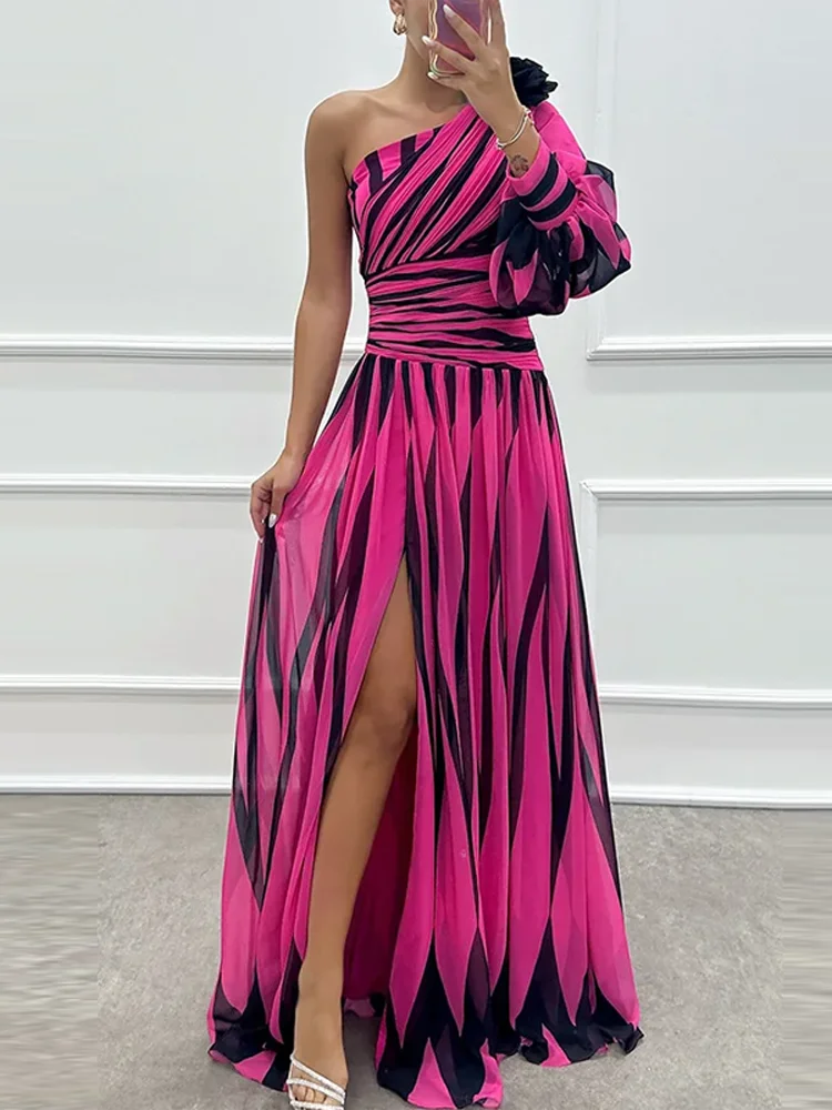 Sexy Elegant Diagonal Collar Off Shoulder Split-Side Party Evening Dress Spring Printed Striped Bohemian Long Dress Off Women's Mood Royal