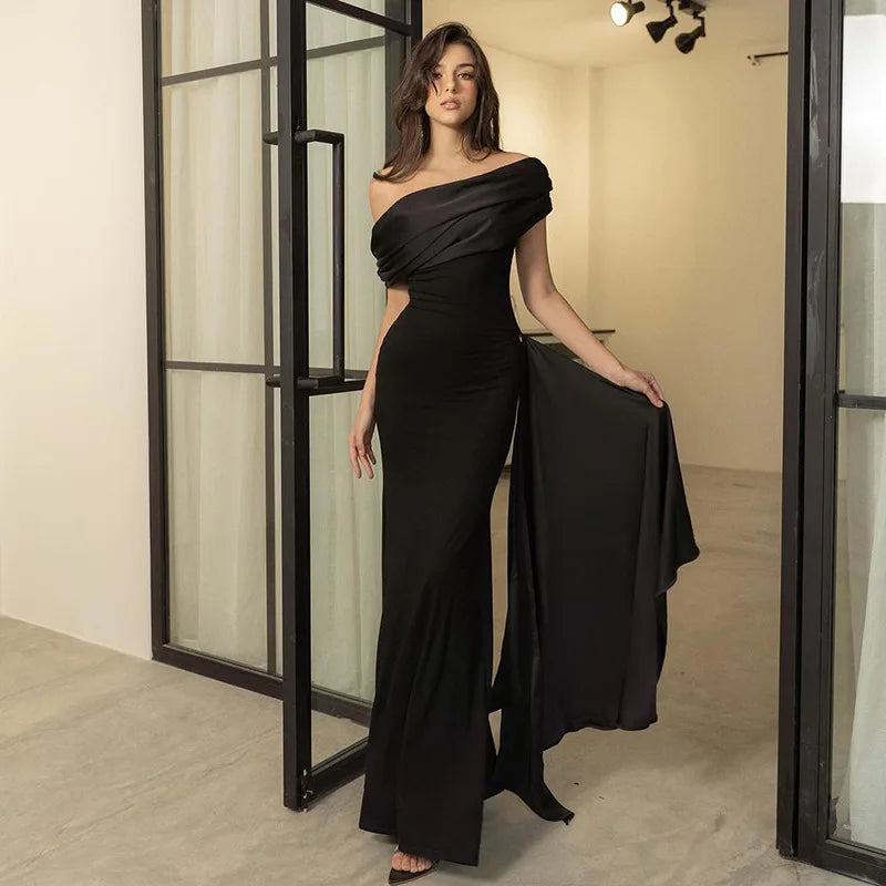 2024 Party Evening Dresses Elegant Black Slash Neck Maxi Dress For Women Fashion Short Sleeve Bodycon Banquet Vestidos Female Mood Royal