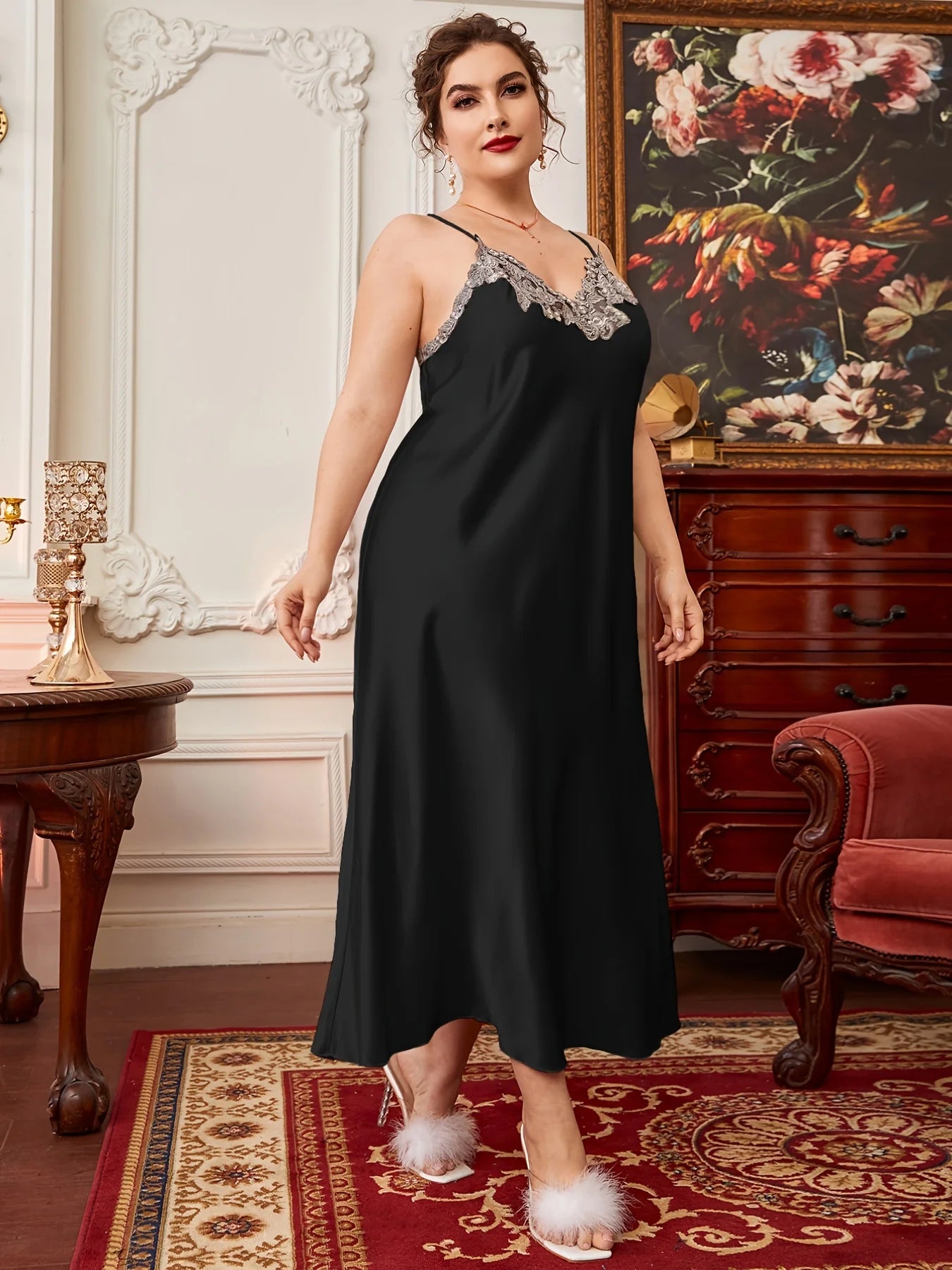 Satin Silk Lace Sleeveless V Neck Nightgown Plus Size Mood Royal