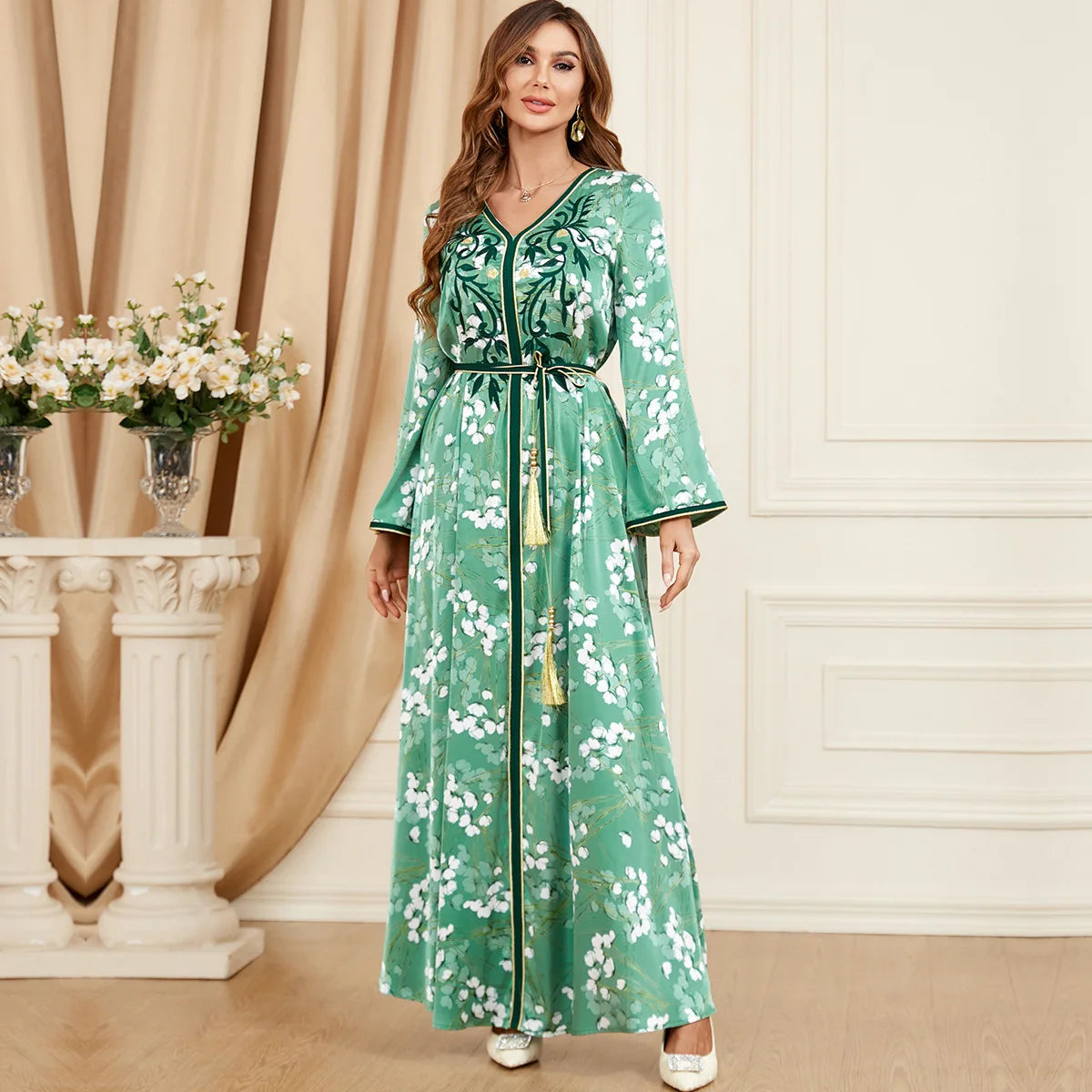 Green Embroidered Belted Kaftan My Store