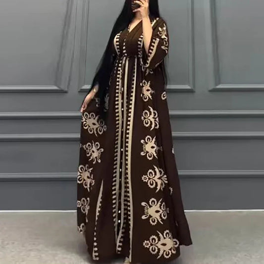 Vestidos Women's Printed Loose Ethnic Retro Dress 2024 Women V-neck Party Long Dress Lady Fashion Long Sleeve Bohemian Dresses Mood Royal