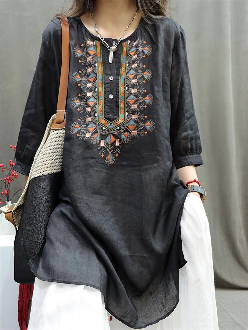 Limiguyue Ethnic Boho Embroidery Ramie Blouse Loose Split Women Summer Shirts Thin Causal Literary Female Long Tops Robe F077 Mood Royal