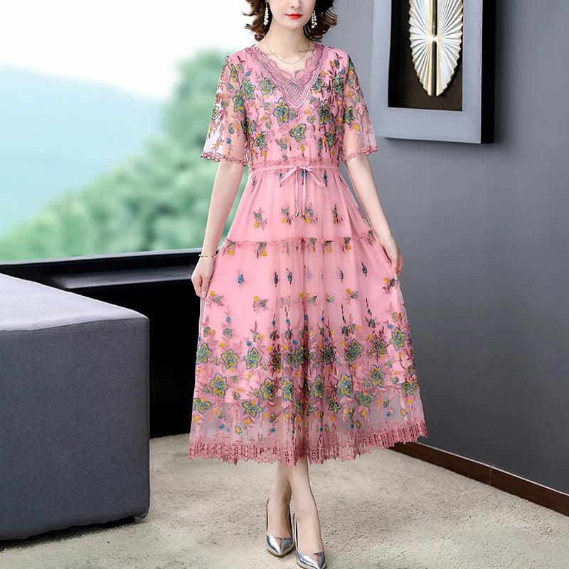 Women Spring Summer Dress Pink Retro Court Style Embroidered High Dress Round Neck Slim Fashion Luxury Dress Vestidos Robes Plus Mood Royal