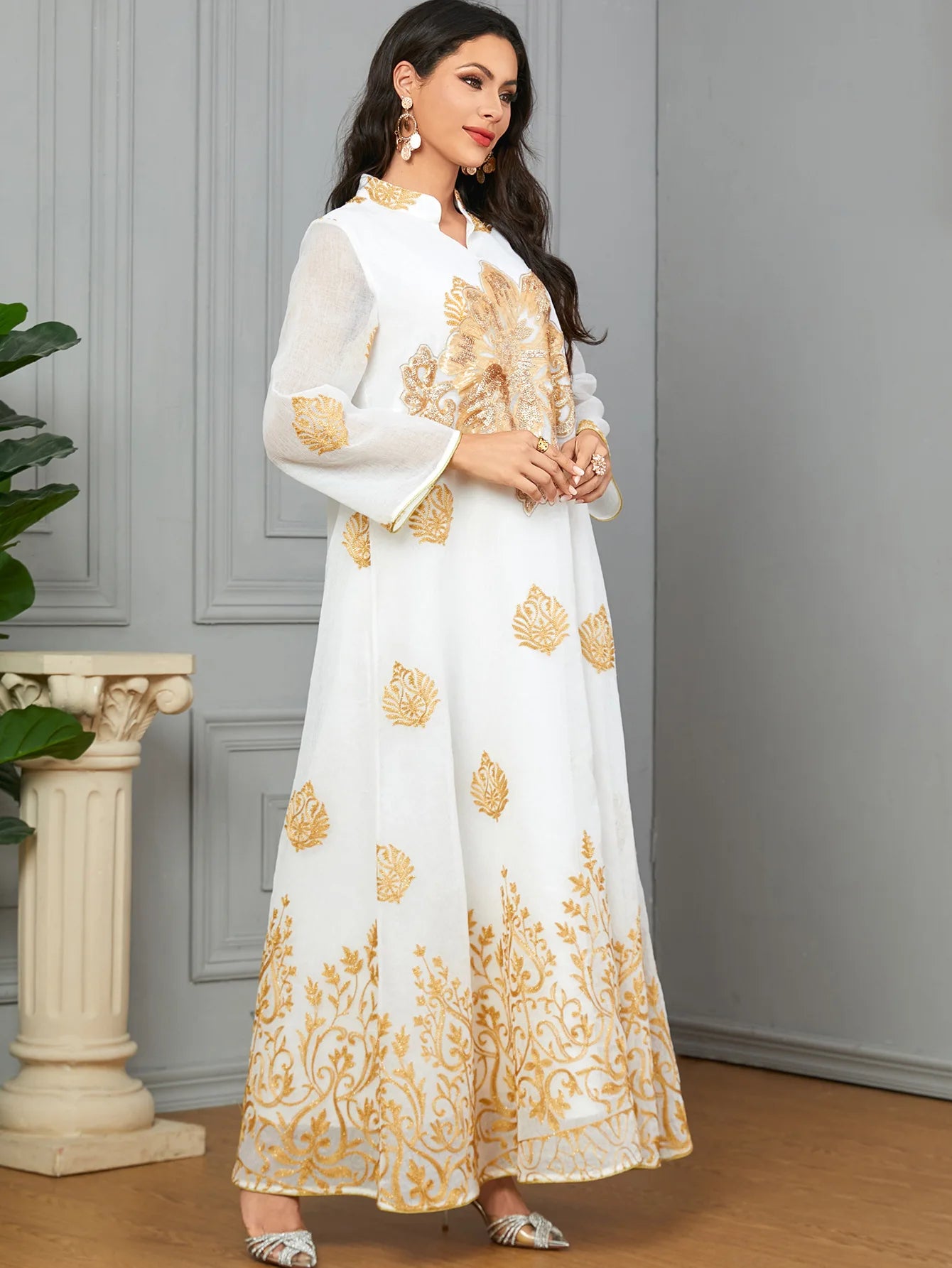 Gold Embroidery White V Neck Kaftan My Store