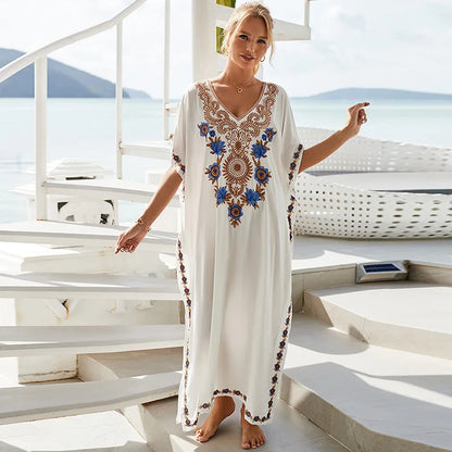 WeHello New European and American Cotton Embroidered Long Skirt Beach Cover Up Long Robe Beach Vacation Dress Swimwear with Suns Mood Royal