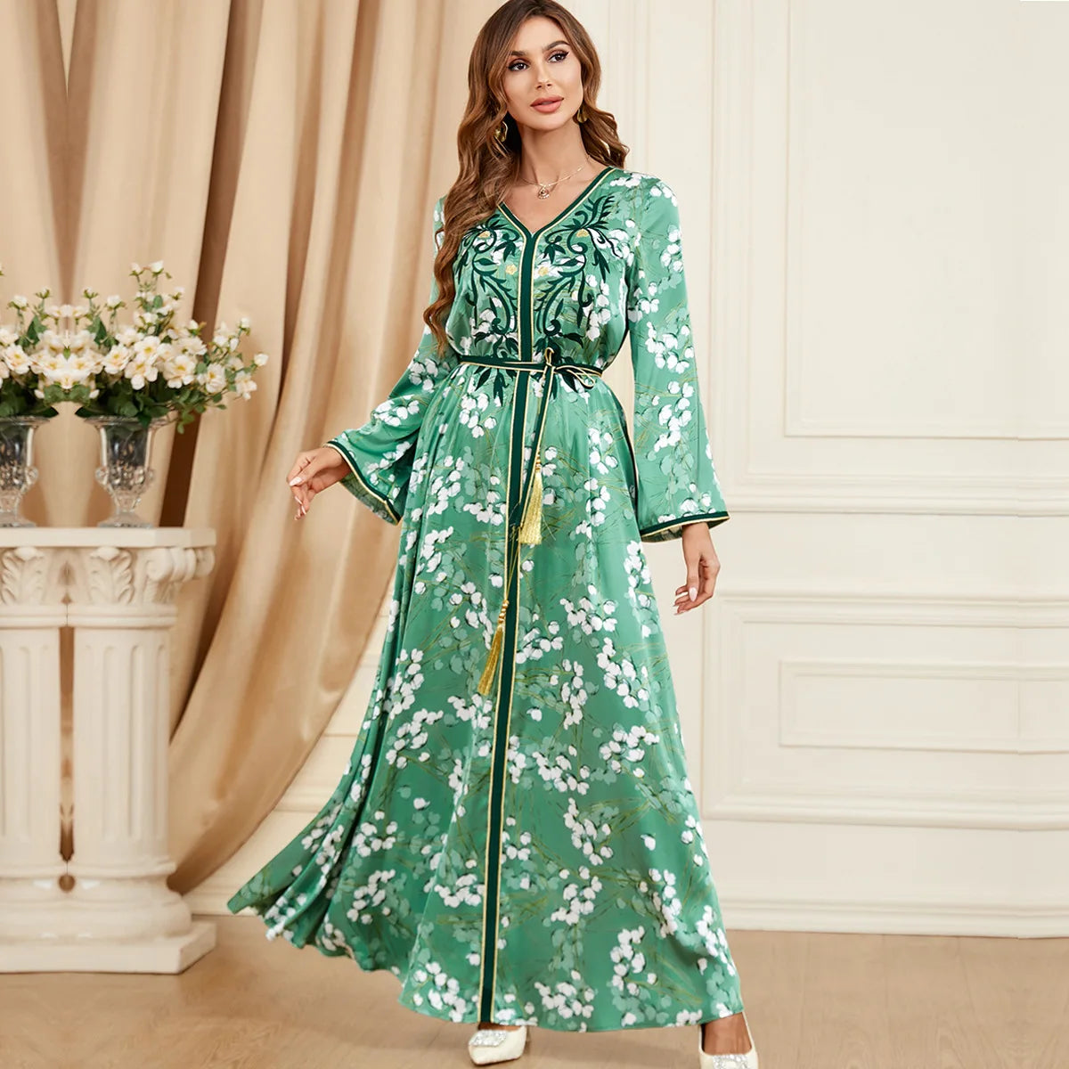 Green Embroidered Belted Kaftan My Store