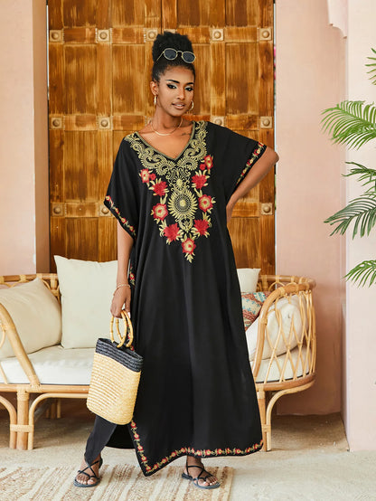 WeHello New European and American Cotton Embroidered Long Skirt Beach Cover Up Long Robe Beach Vacation Dress Swimwear with Suns Mood Royal