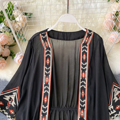 TEELYNN Boho Floral Embroidery Loose Cover-Ups for Women Casual Deep V Long Sleeve Kimono Dress Summer 2022 Beach Wear Robe Mood Royal