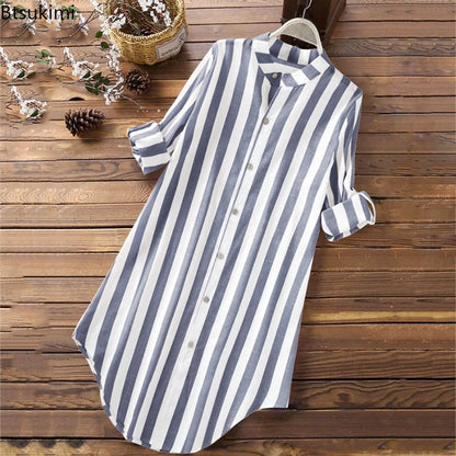 Spring New Women's Long-sleeved Cotton Linen Shirt Dress Fashion Stripe Print Loose Casual Button Blouse Ladies Mid-length Shirt Mood Royal