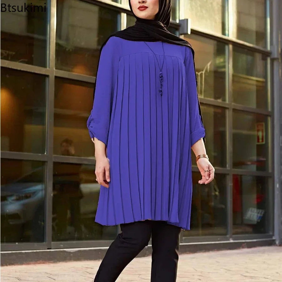 New 2024 Muslim Women's Blouse Shirt Adjustable Sleeve Women Fashion Top Islamism Blouses for Muslim Women Solid Oversized 5XL Mood Royal