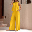 Cotton And Linen Sleeveless Suit For Women Summer O-neck Tank Top & Wide-leg Pants Two Piece Set New Solid Casual Loose Sets Mood Royal