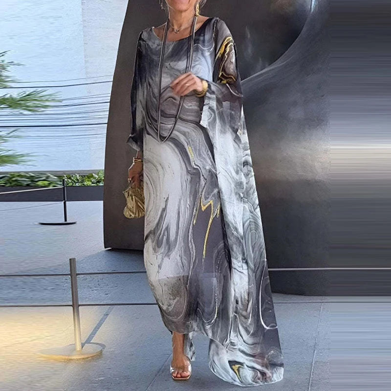 Elegant Marble Texture Print Commuting Dress Women Spring Round Neck Long Chiffon Dresses Summer Batwing Sleeve Loose Boho Dress Mood Royal