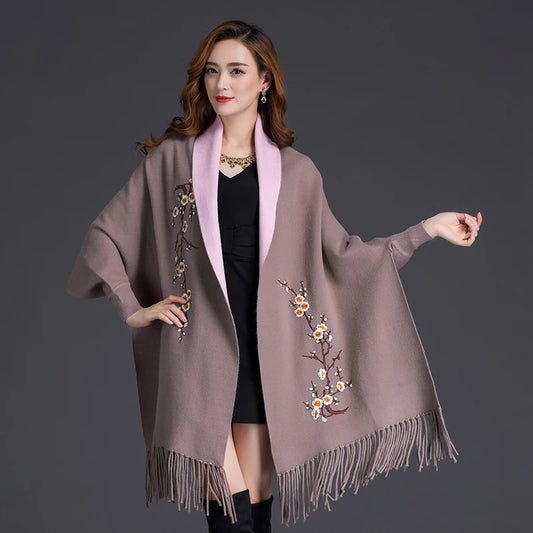 Embroidered Sleeved Wearable Wool Cashmere Scarf Double Sided Use My Store