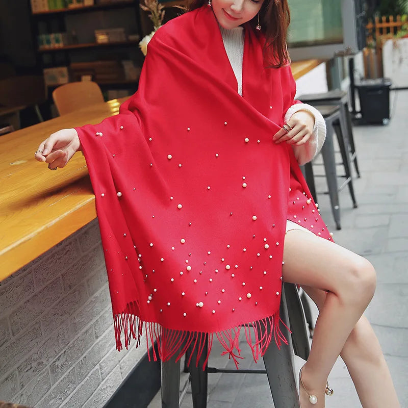 Cashmere Pearl Embroidery Women's Tassel Shawl My Store