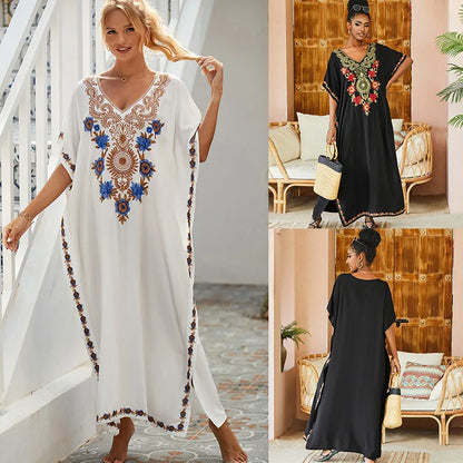 WeHello New European and American Cotton Embroidered Long Skirt Beach Cover Up Long Robe Beach Vacation Dress Swimwear with Suns Mood Royal