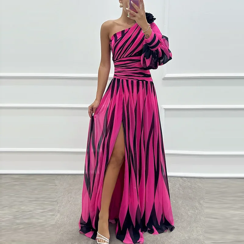 Sexy Elegant Diagonal Collar Off Shoulder Split-Side Party Evening Dress Spring Printed Striped Bohemian Long Dress Off Women's Mood Royal