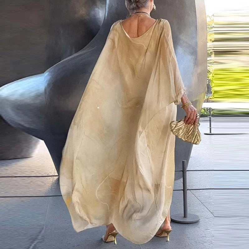 Elegant Marble Texture Print Commuting Dress Women Spring Round Neck Long Chiffon Dresses Summer Batwing Sleeve Loose Boho Dress Mood Royal