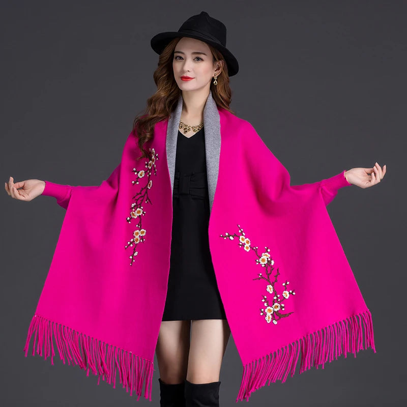 Embroidered Sleeved Wearable Wool Cashmere Scarf Double Sided Use My Store