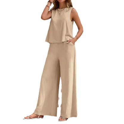 Cotton And Linen Sleeveless Suit For Women Summer O-neck Tank Top & Wide-leg Pants Two Piece Set New Solid Casual Loose Sets Mood Royal