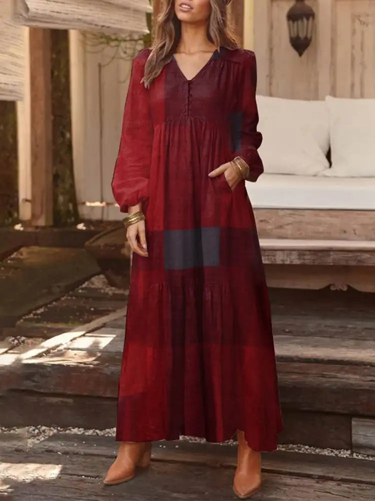 Cotton Linen V Neck Vintage  Robe Casual Dress My Store