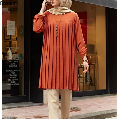 New 2024 Muslim Women's Blouse Shirt Adjustable Sleeve Women Fashion Top Islamism Blouses for Muslim Women Solid Oversized 5XL Mood Royal