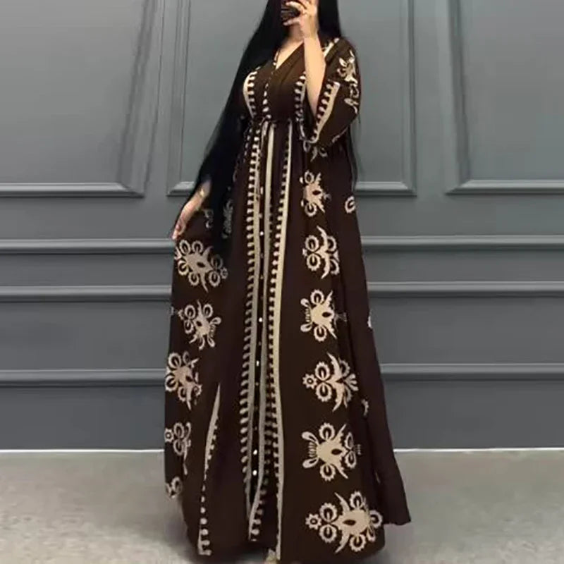 Vestidos Women's Printed Loose Ethnic Retro Dress 2024 Women V-neck Party Long Dress Lady Fashion Long Sleeve Bohemian Dresses Mood Royal