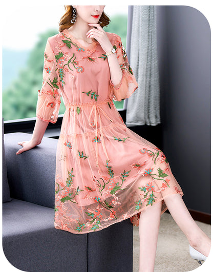 2024 Silk Dress Embroidery Short-Sleeved Dress size 5XL Size Floral Mulberry Beach Sundress Women Elegant Party Vestidos Mood Royal