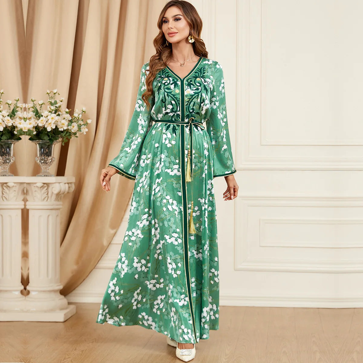 Green Embroidered Belted Kaftan My Store